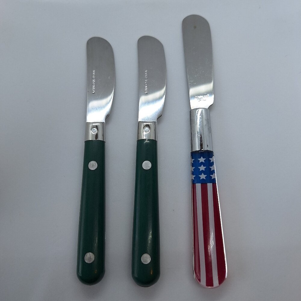 Lot of 3 Vintage‎ Stainless Steel Butter Spreaders Forest Green & American Flag